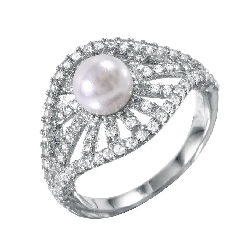 Silver 925 Radial Bursts Synthetic Pearl Ring With CZ Accents - BGR00989