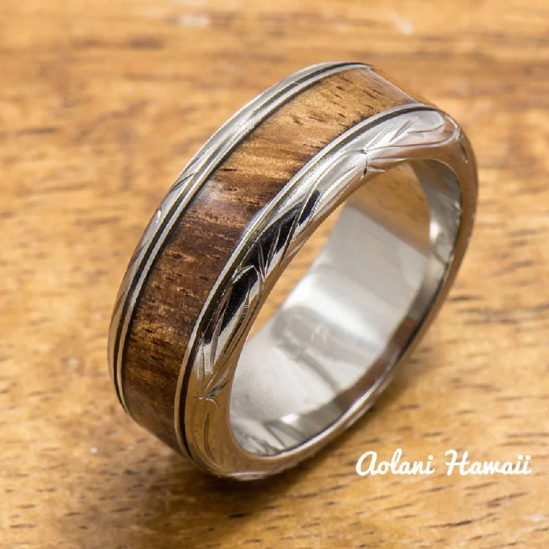 Titanium Ring with Hawaiian Koa Wood Inlay (8mm width, Barrel Style)