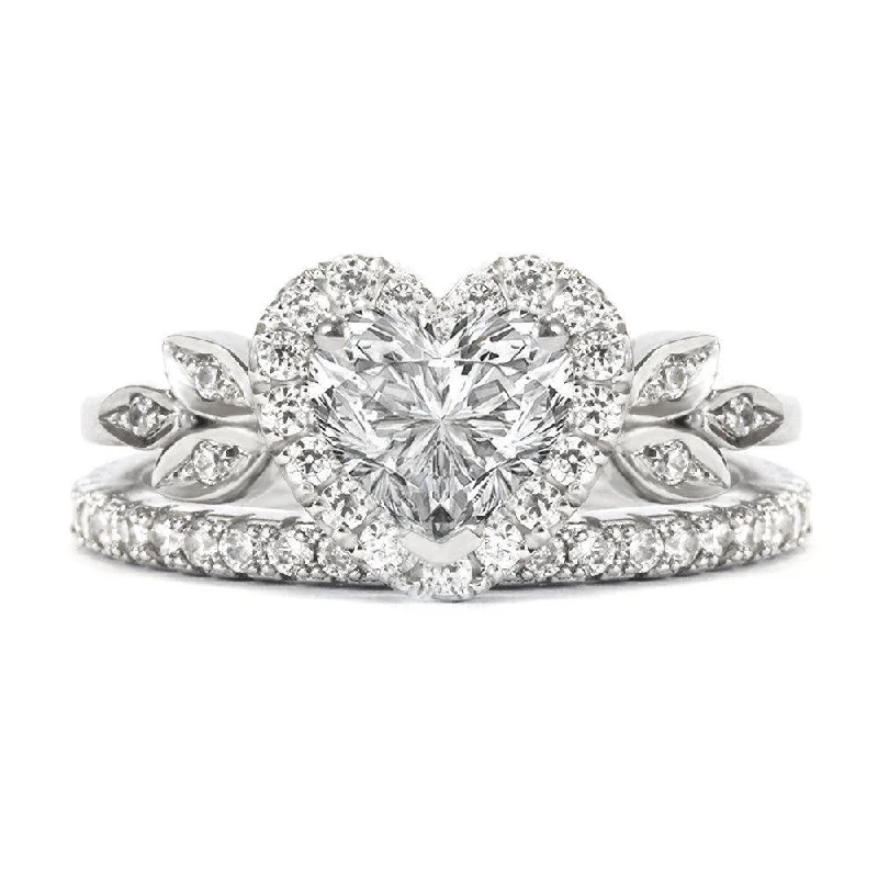 Heart Diamond Love Blossom Unique Wedding Two Rings Set ♥