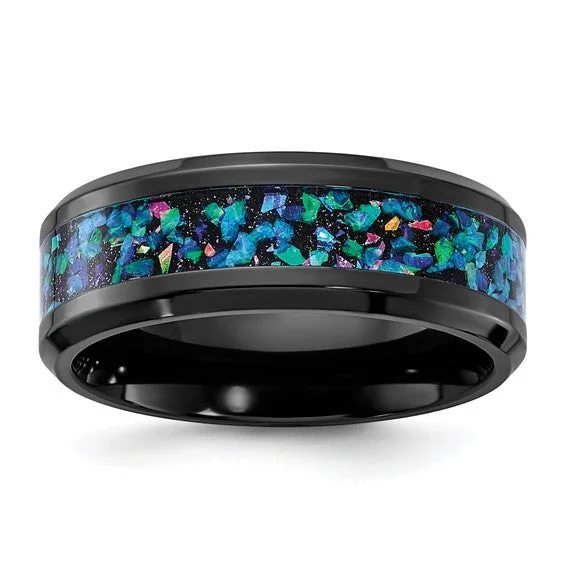 Black Zirconium with Black & Blue Imitation Opal Inlay 8mm Men's Band