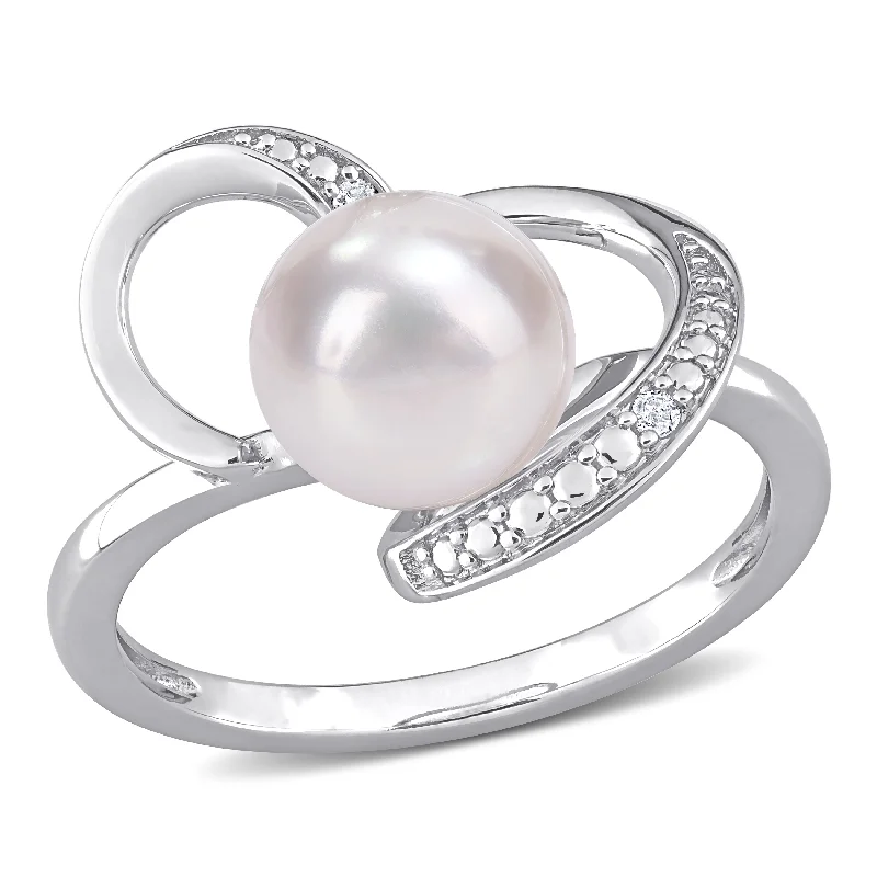 Miadora Sterling Silver Freshwater Cultured Pearl and Diamond Accent Solitaire Heart Ring (8-8.5mm)