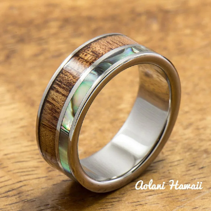 Titanium Ring with Abalone and Hawaiian Koa Woodm Inlay (8mm width, Flat Style)