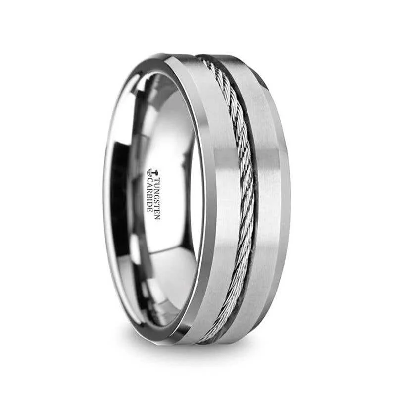 Thorsten LANNISTER Tungsten Flat Wedding Band with Steel Wire Cable Inlay & Beveled Edges - 8mm