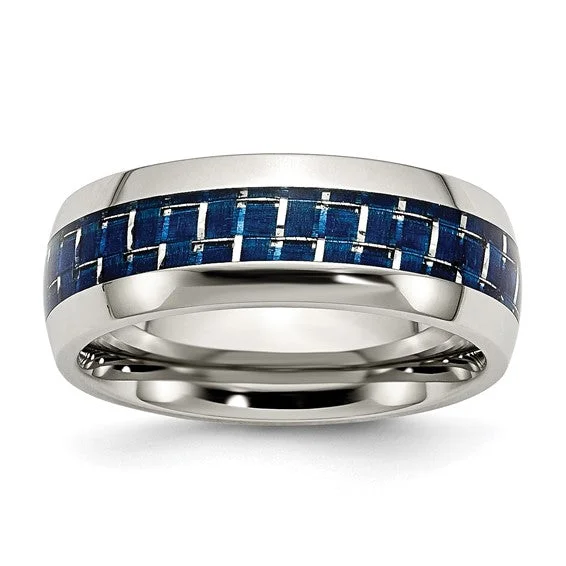 Stainless Steel Blue Carbon Fiber Inlay Polished 8mm Band