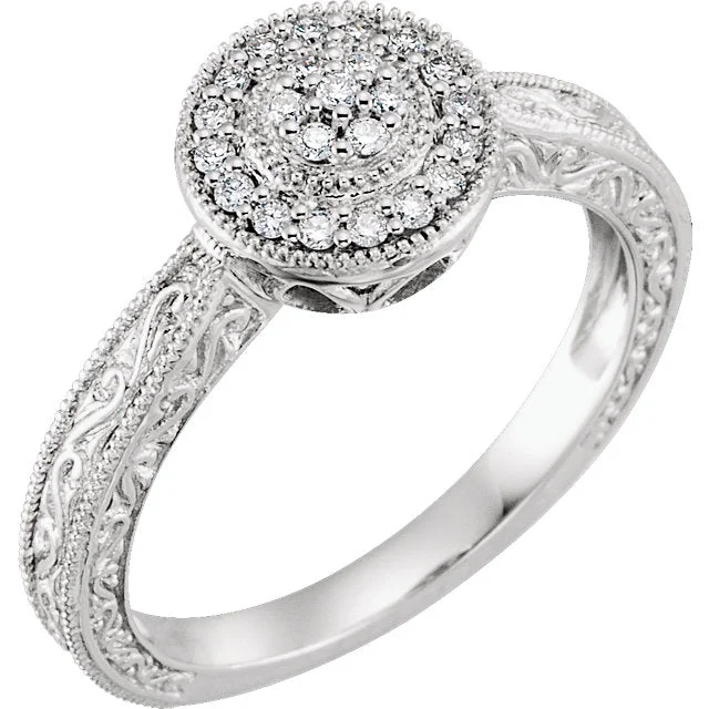 10K White Gold 1/6 CTW Diamond Multi Stone Halo Filigree Carved Promise Ring