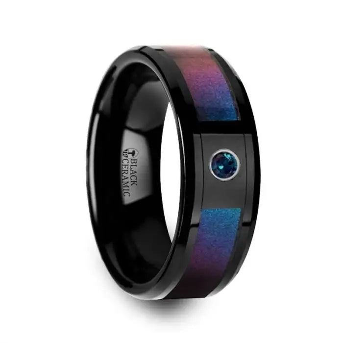 Thorsten KLEIN Black Ceramic Ring Blue & Purple Color Changing Inlay Alexandrite Setting - 8mm