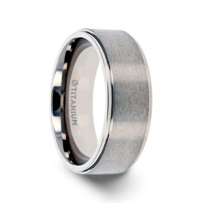 Thorsten RHINOX Brushed Raised Center Men’s Titanium Wedding Ring with Polished Step Edges - 6mm & 8mm