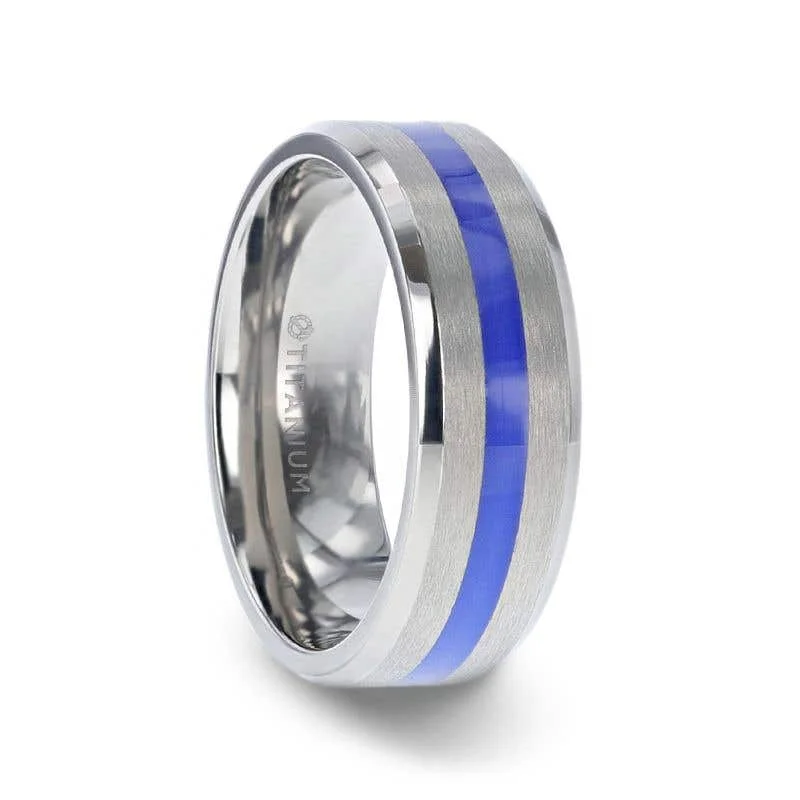 Thorsten BARRY Blue Stripe Inlaid Titanium Flat Brushed Men's Wedding Ring With Beveled Polished Edges - 8mm