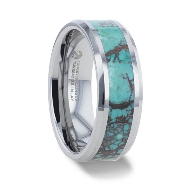 Thorsten TURKIS Turquoise Spider Web Inlay Tungsten Carbide ring with Beveled Polished Edges - 8mm