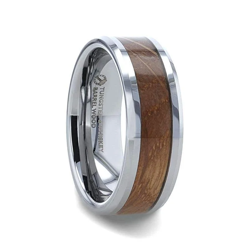 Thorsten DISTILLED Whiskey Barrel Wood Inlaid Tungsten Men's Wedding Band With Beveled Polished Edges Made From Genuine Whiskey Barrels - 8mm