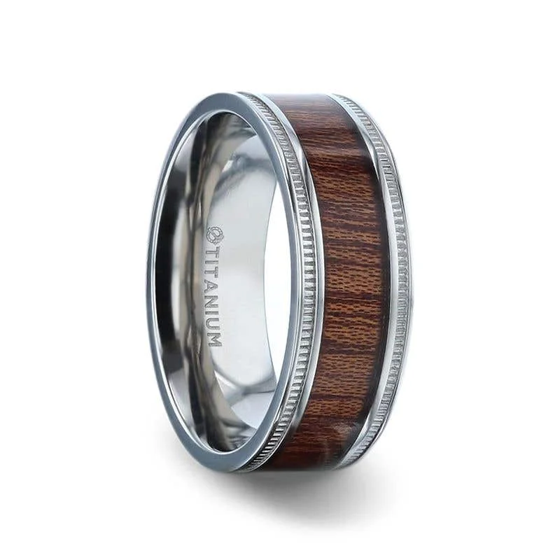 Thorsten MOCHA Koa Wood Inlaid Titanium Men's Wedding Ring With Polished Milgrain Edges - 8mm