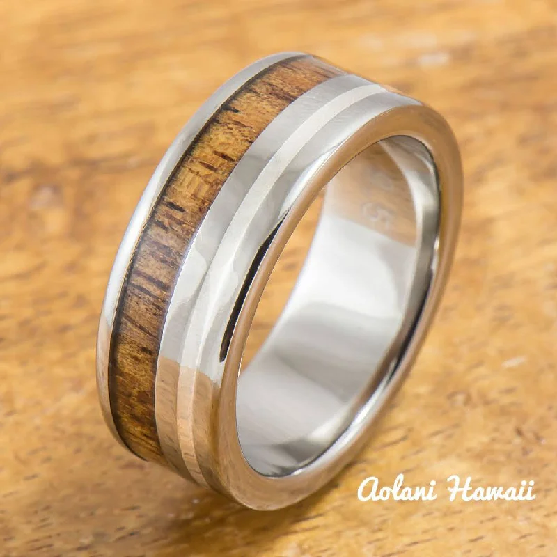 Titanium Ring with Koa Wood and Silver Line Inlay (8mm width, Flat Style)