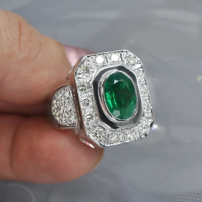 Certified 6.50CT Round and Oval Cut Diamond and Green Emerald Mens Ring in 14KT White Gold