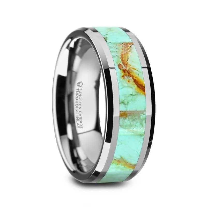 Thorsten PIERRE Polished Tungsten Wedding Band with Light Blue Turquoise Stone Inlay & Polished Beveled Edges - 8mm - Pierre