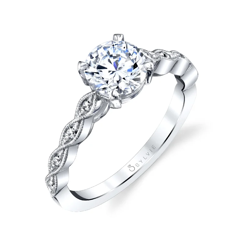 Sylvie Collection 14K White Gold Round Engagement Ring Setting W. Twist and 1Ct Round 14K WG