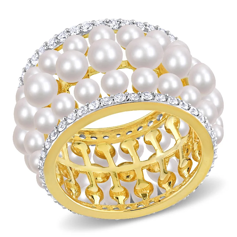 Miadora Cultured Freshwater Pearl and 1 3/5ct TGW Created White Sapphire Triple Row Ring in Yellow Silver