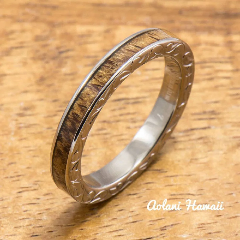 Titanium Ring with Hawaiian Koa Wood Inlay (3mm width, Flat Style)