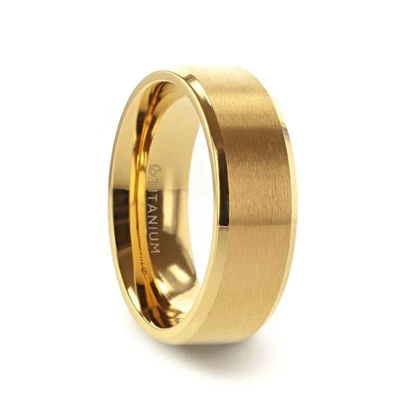 Thorsten RADIATE Gold-Plated Titanium Flat Brushed Center Men's Wedding Ring With Beveled Polished Edges - 8mm