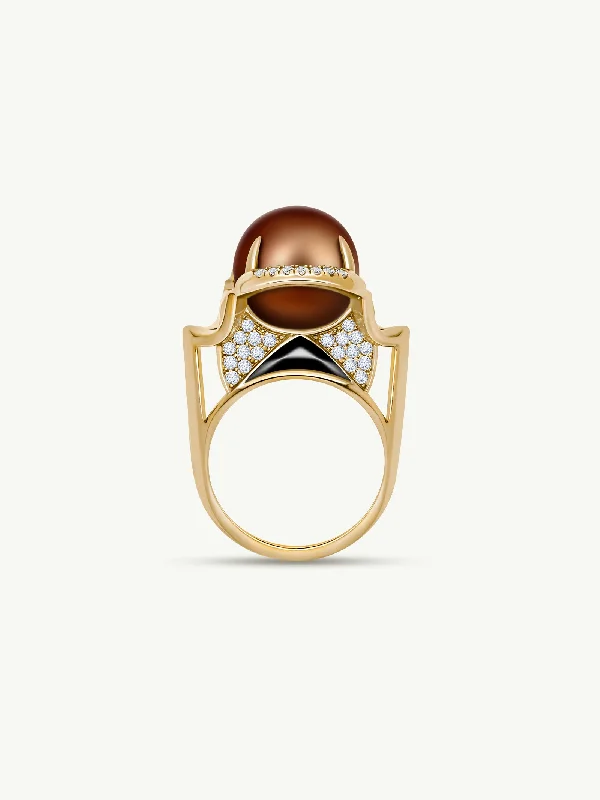 Isis Goddess Ring With Japanese Akoya Chocolate Pearl & Pavé-Set Brilliant White Diamonds In 18K Yellow Gold