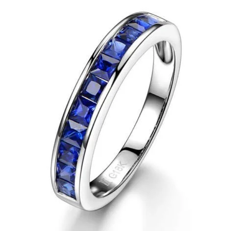 Princess Cut Natural Blue Sapphire September Birthstone Band 18K Gold