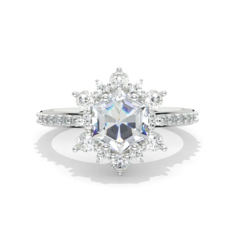 3 Carat Hexagon Moissanite Snowflake Halo Engagement Ring. Victorian 14K White Gold Ring