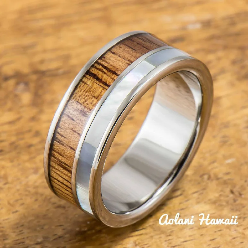 Titanium Ring with Koa Wood and Mother of Pearl Inlay (8mm width, Flat Style)