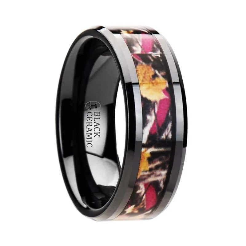 Thorsten LAUREL Realistic Tree Camo Black Ceramic Wedding Band with Real Pink Oak Leaves - 6mm - 8mm