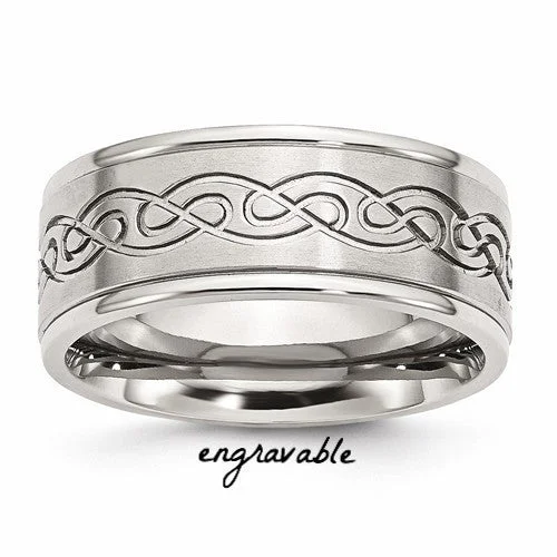 Stainless Steel Scroll Design 9mm Brushed & Polished Ridged Edge Band