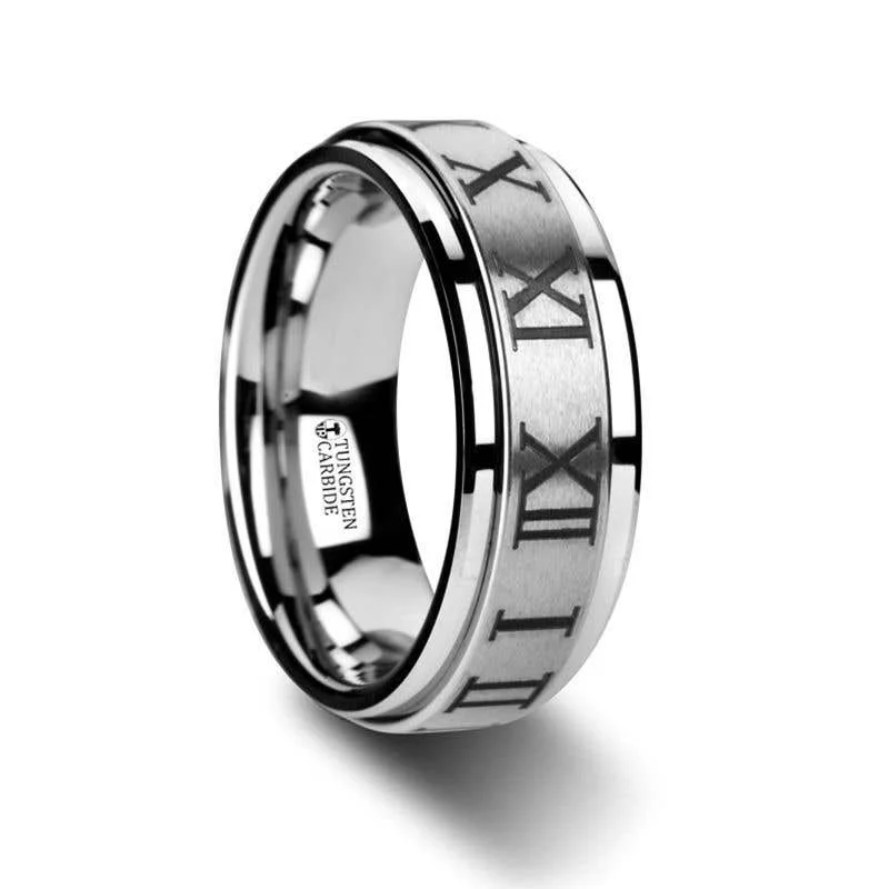 Thorsten IMPERIUS Roman Numeral Raised Center Brush Finish Tungsten Carbide Spinner Ring - 8mm