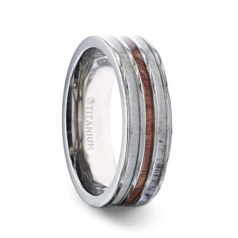 Thorsten TRIPOLI Wood Inlaid Titanium Flat Polished Finish Men's Wedding Ring With White Double Deer Antler Edges - 8mm