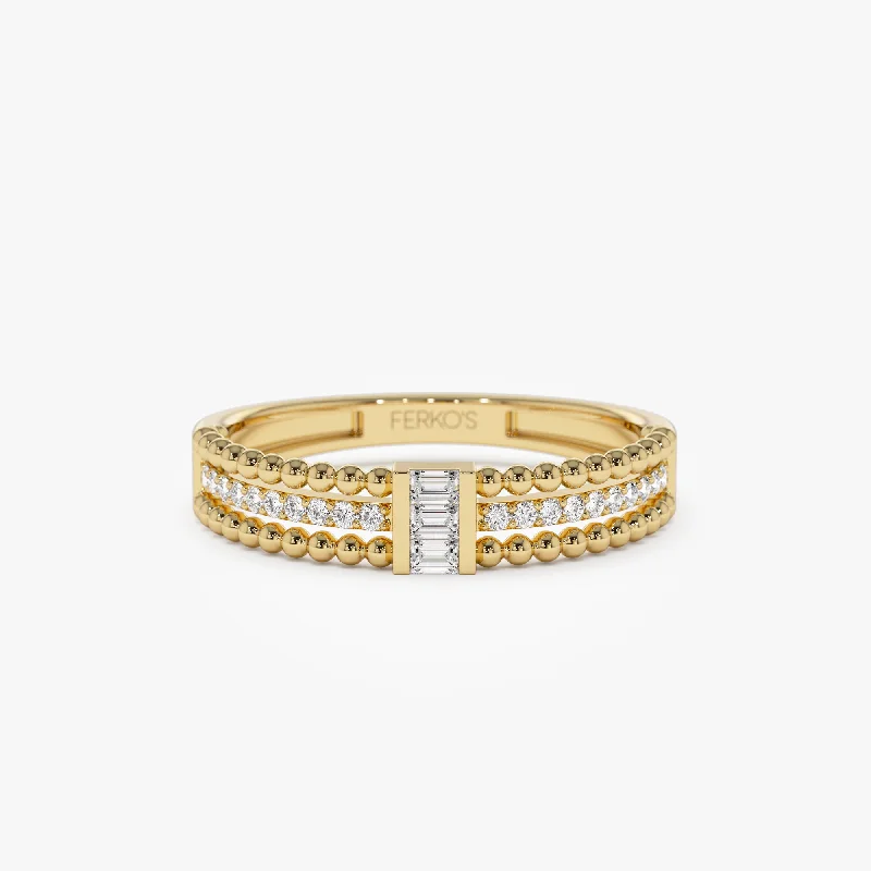 14k Beaded Baguette and Round Diamond Ring