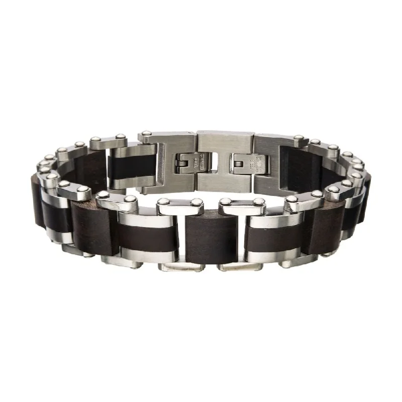 Stainless Steel with Ebony Wood Link Bracelet