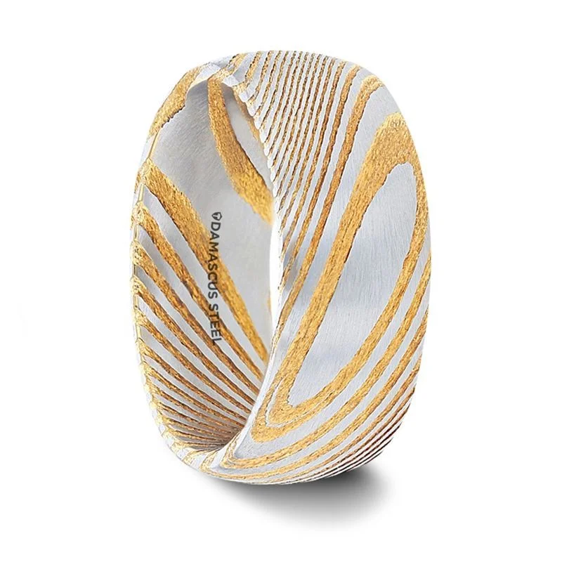 Thorsten CERSEI Gold Domed Brushed Damascus Steel Men’s Wedding Band with Vivid Etched Design - 6mm & 8mm