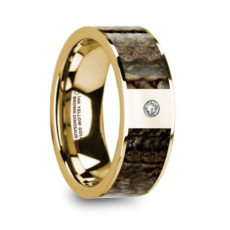 Thorsten PHILANDROS 14k Yellow Gold with Brown Dinosaur Bone Inlay Men’s Wedding Band with Diamond - 8mm