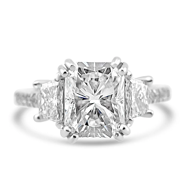 18k White Gold 5.00ctw Three Stone Lab Grown Elongated Radiant and Trapezoid Diamond Engagement Ring