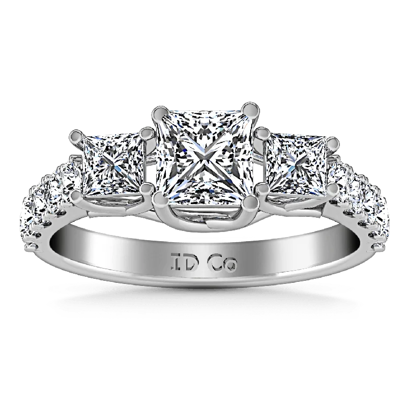 Three Stone Princess Cut Diamond Engagement Ring Enchantment Lattice 14K White Gold