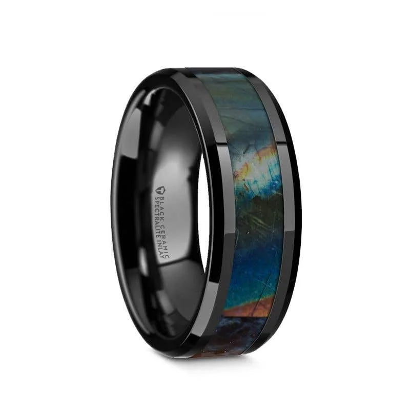 Thorsten IRIDESCENCE Black Ceramic Spectrolite Inlay Polished Finish Wedding Band with Beveled Edges - 8mm