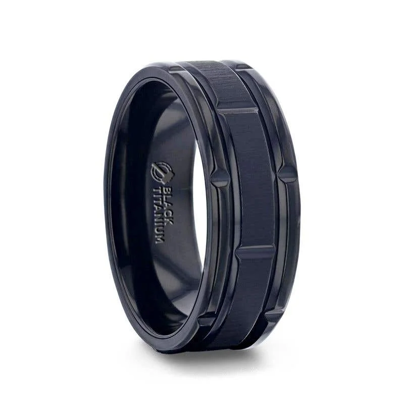 Thorsten WYNN Alternating Grooves And Horizontal Etched Finish Black Titanium Men's Wedding Band With Alternating Grooved Beveled Polished Edges - 8mm