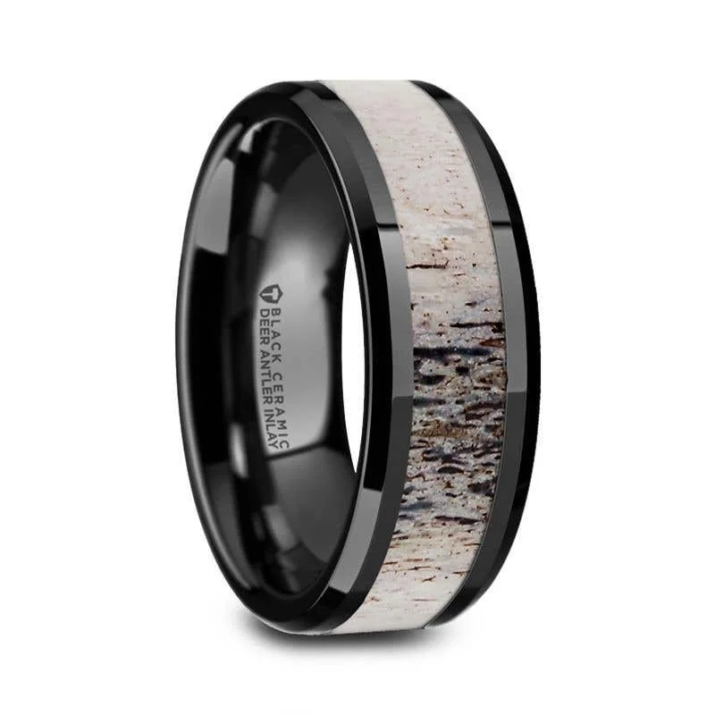 Thorsten TRES Beveled Black Ceramic Polished Men's Wedding Band with Ombre Antler Inlay - 8mm - Tres