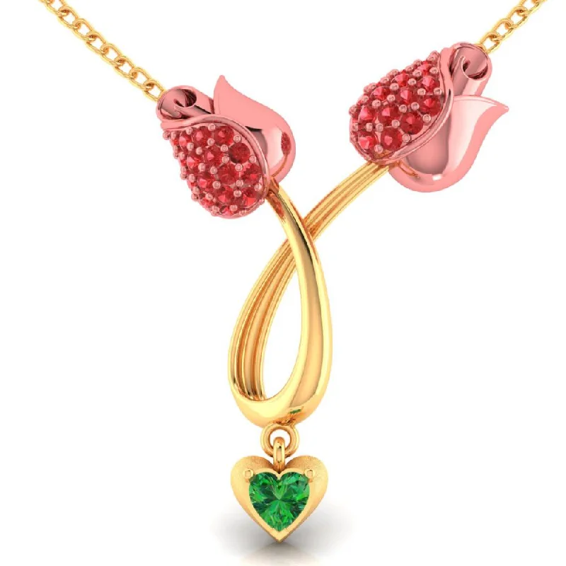 22k Gold Necklace With Stone-studded Double Tulips And A Heart Drop