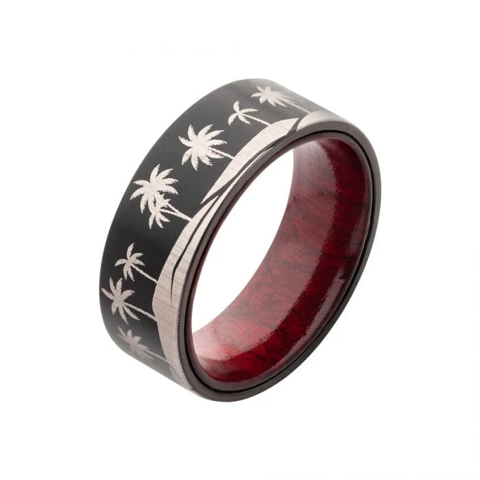 Black and Silver Tone Titanium Tropical Palm Treeline Design with Inner Rosewood Comfort Fit Ring