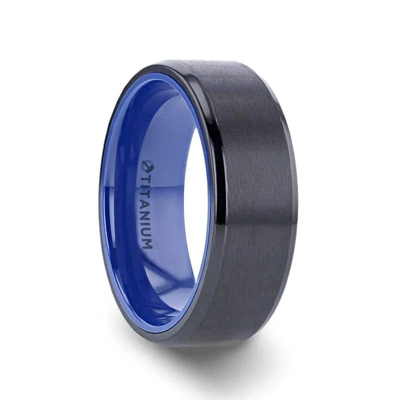 Thorsten CASTOR Beveled Edges Black Titanium Ring with Brushed Center and Vibrant Blue Inside - 8mm