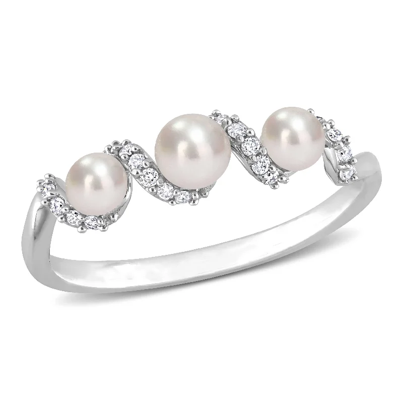 Miadora Cultured Freshwater Pearl and 1/10ct TDW Diamond Swirl Ring in 14k White Gold