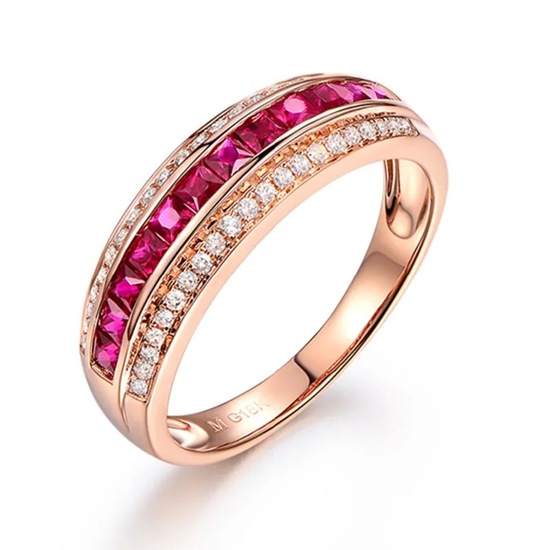 Channel-Set Princess Ruby Diamond Railway July Birthstone Band 18K Gold