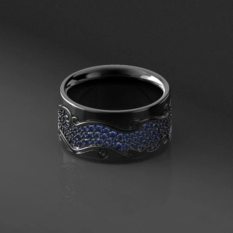 Men's Ring with Blue Sapphire  Stones in Black Gold  Ring