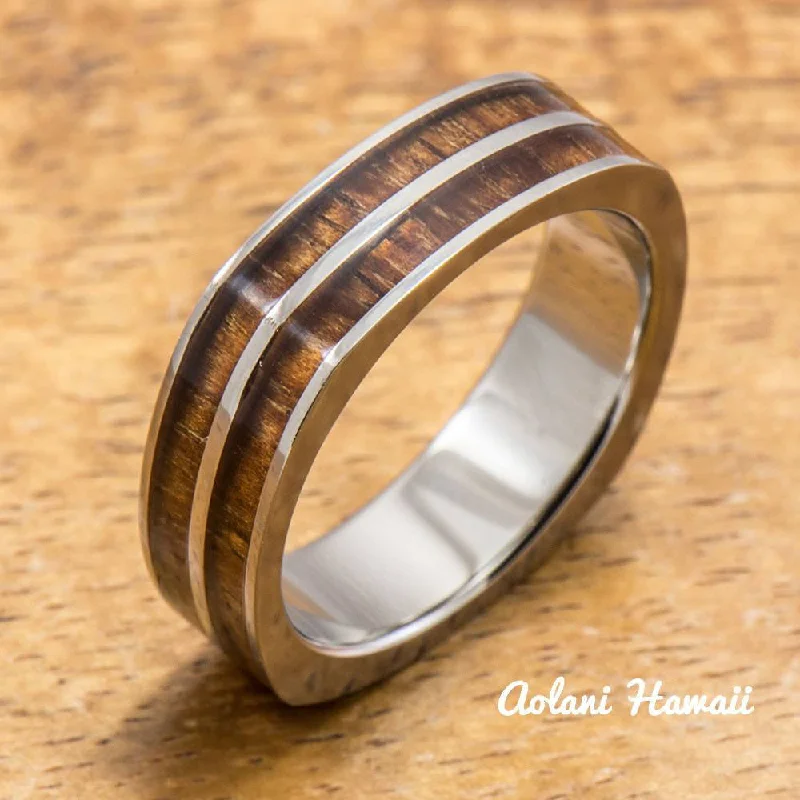 Titanium Square Ring with Hawaiian Koa Wood Inlay (6mm width, Flat Style)