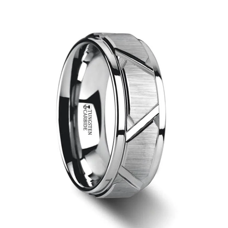 VESTIGE Tungsten Ring with Triangle Angle Grooves and Raised Center