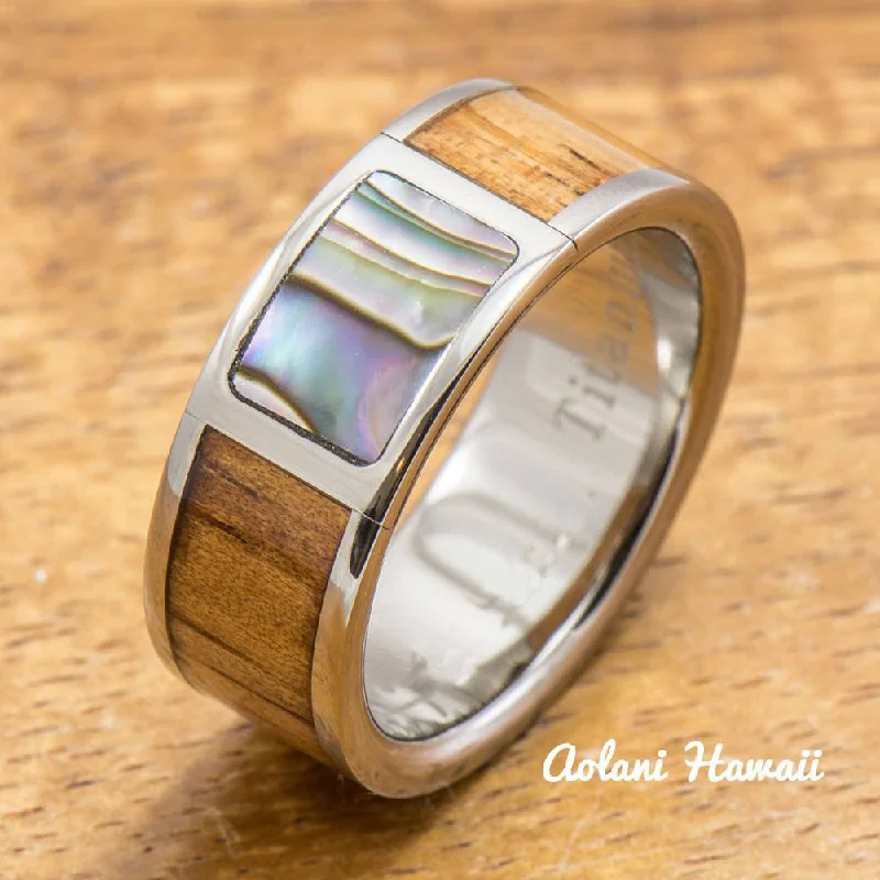 Titanium Ring with Abalone and Hawaiian Koa Wood Inlay (8mm width,  Flat Style)