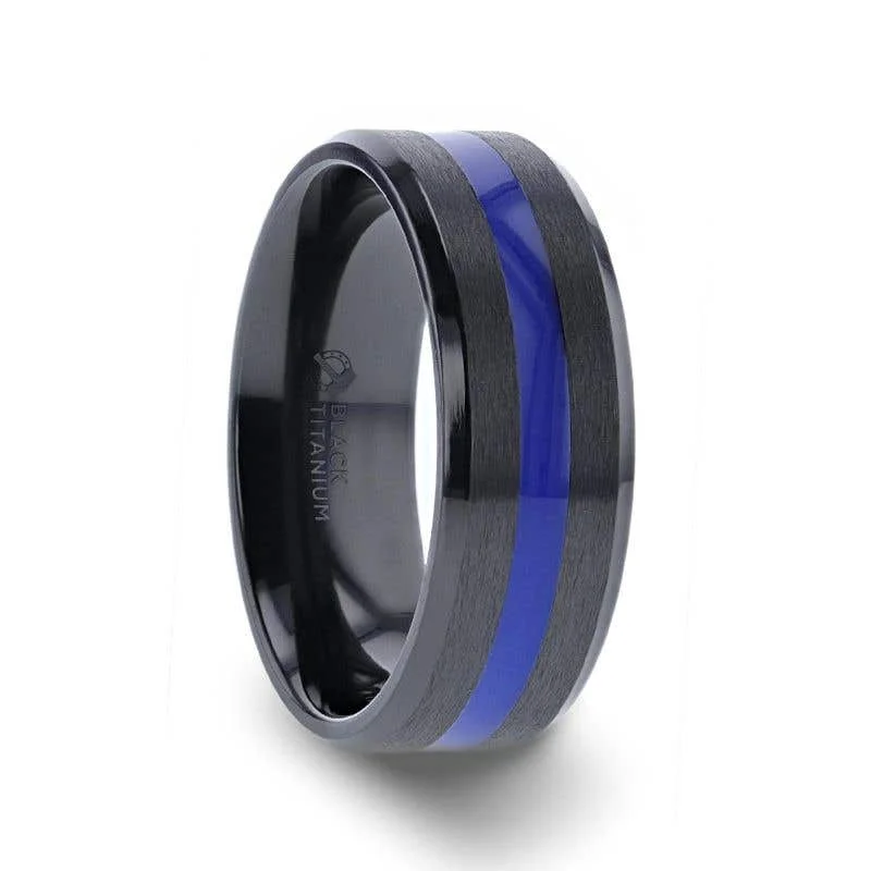 Thorsten JACKSEN Black Titanium Men's Wedding Band Beveled Black Titanium With Blue Stripe Inlaid Brushed Finish Center And Polished Beveled Edges - 8mm