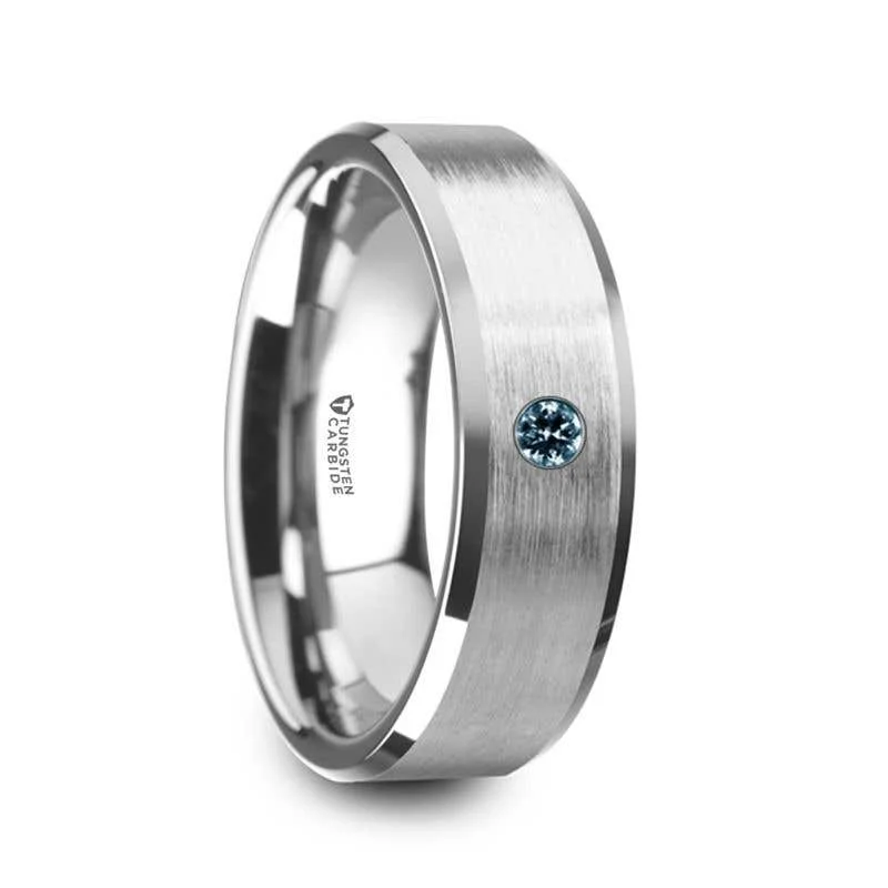 Thorsten MOORE Flat Brushed Center Polished Beveled Edges Men’s Tungsten Wedding Band with Blue Diamond Setting - 6mm & 8mm